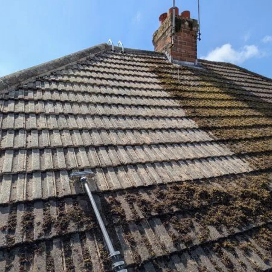 A roof half scraped, moss still packed into the tile courses on one side